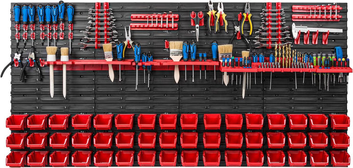 Lagersystem Werkstattregal | 156 x 78 cm | 48 stck. Box | Wandregal mit Werkzeughalterungen und Stap