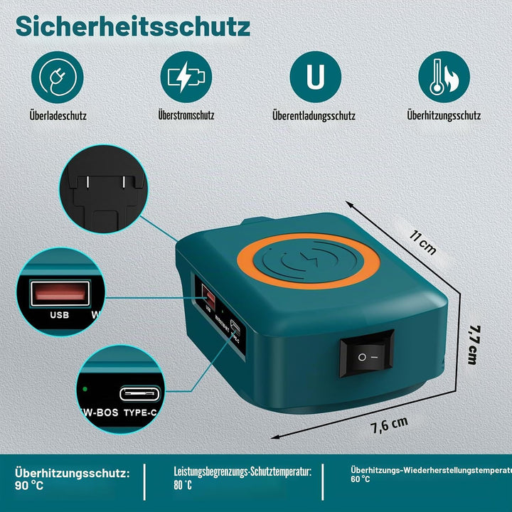 Kabelloses Tragbares Ladegerät für Bosch 18V Home and Garden Li-Ionen Akku, 15W Schnell Telefon Lade