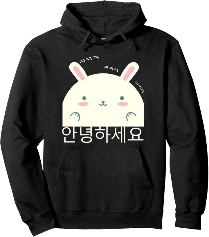 Annyeonghaseyo lachend süsser Hase Hangul Koreanisch Alphabet Pullover Hoodie