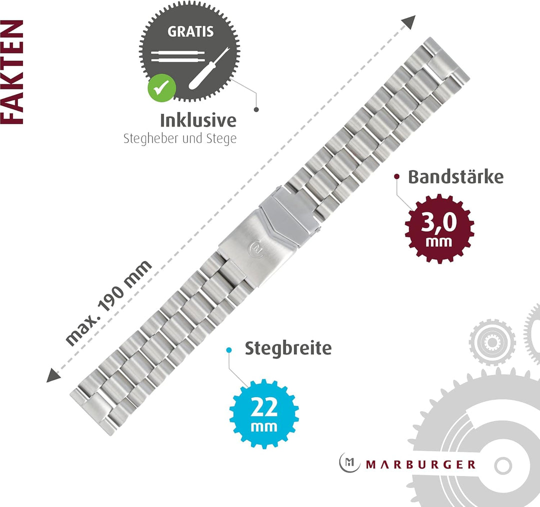 MARBURGER Uhrenarmband 22mm Edelstahl Silber - Werkzeug Montage Set 89508180020