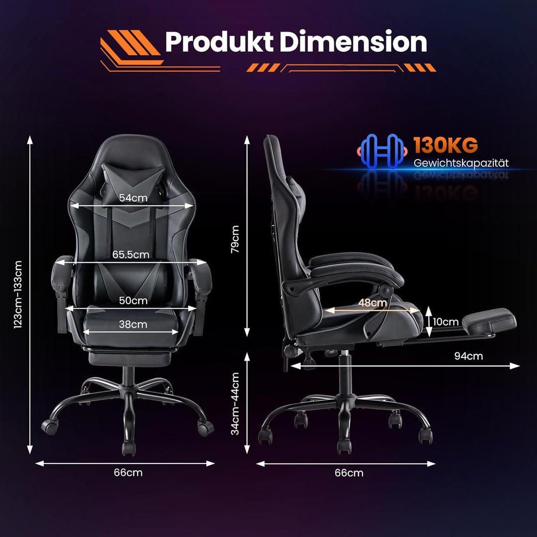 Sweetcrispy Gaming Stuhl, Gaming Chair mit Fussstütze Kopfstütze Lendenwirbelstütze, Ergonomischer P