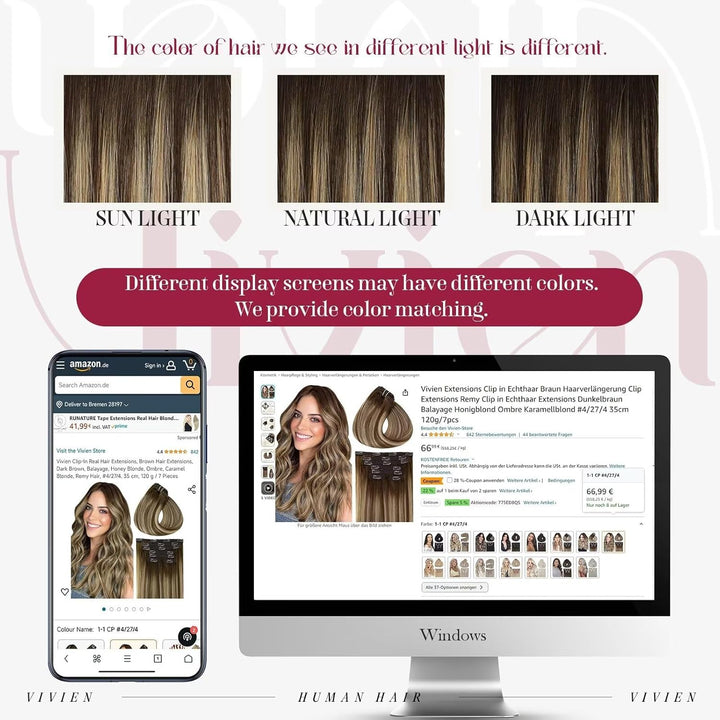 Vivien Echthaar Extensions Clip 45 cm Braun Ombre Clip in Extensions Echthaar Balayage Braun bis Blo