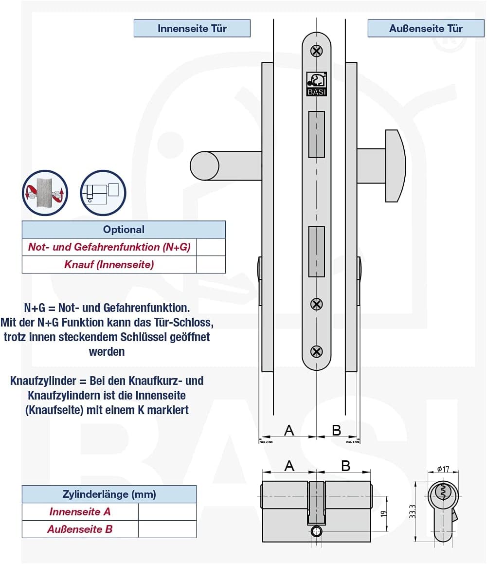 BASI | 2er SET V50 Profil-Doppelzylinder N+G 30/50 mm | Gleichschliessend | mit Not- und Gefahrenfun