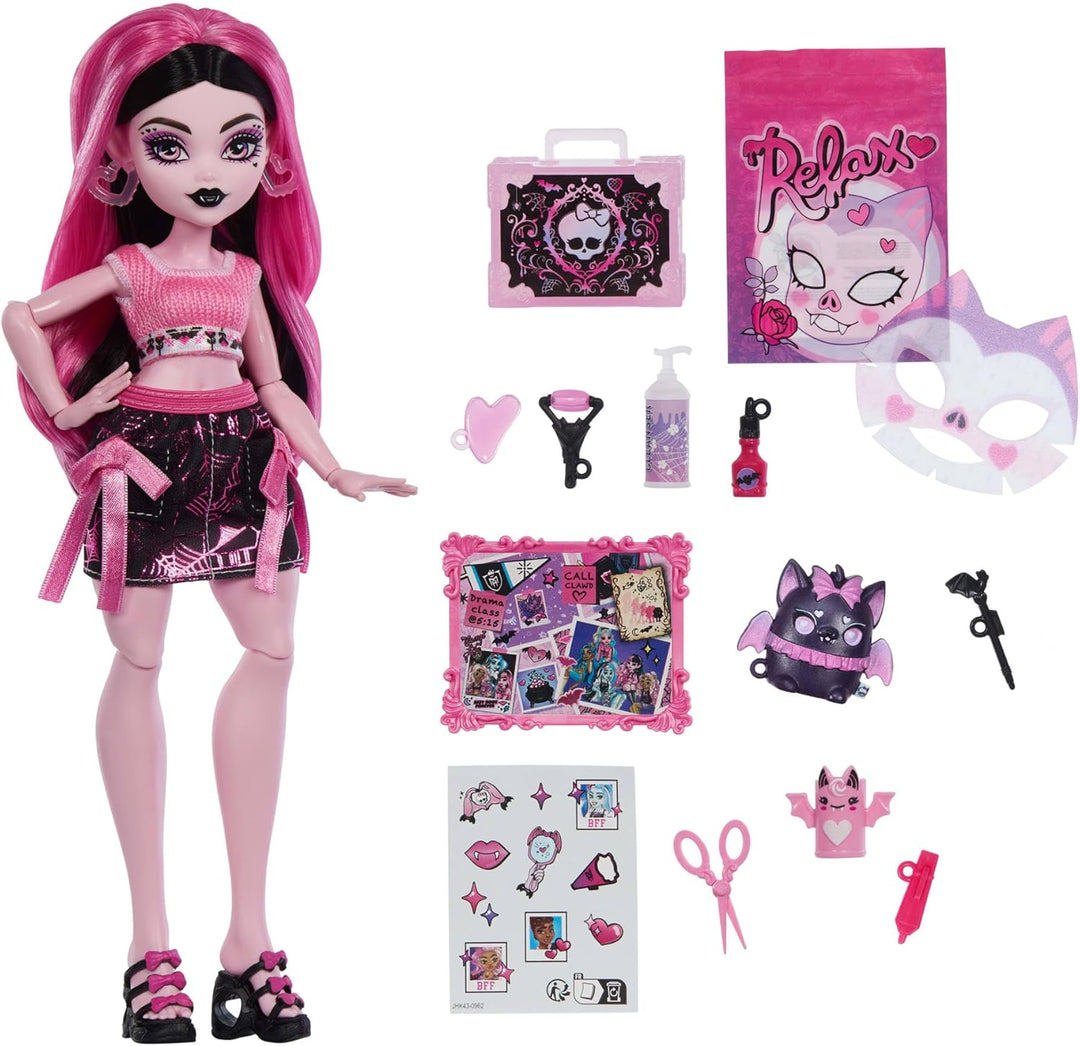 Monster High Self-Scare Secrets Draculaura Puppe und Zubehör Set mit 13 realistischen Überraschungen