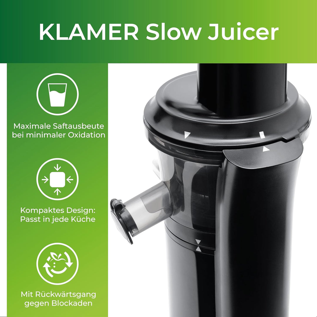 KLAMER Slow Juicer Gemüse und Obst, Entsafter mit Rückwärtsgang, elektrische Fruchtpresse mit Bürste