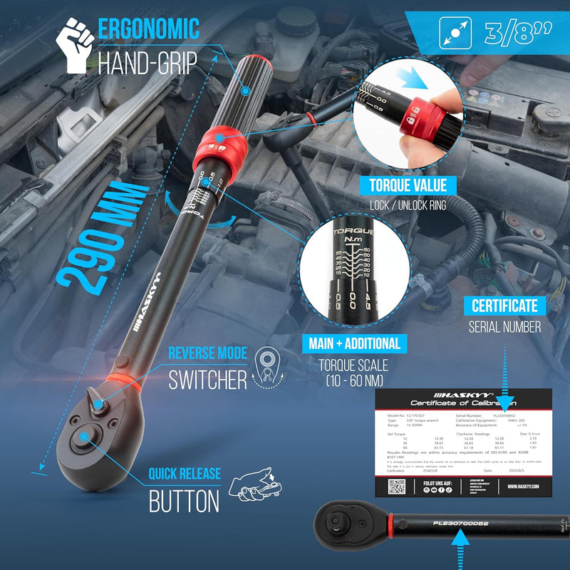 HASKYY Drehmomentschlüssel 3/8" 10-60Nm Zündkerzenschlüssel Magnetisch 14-16mm mit Torxbits T20 T30