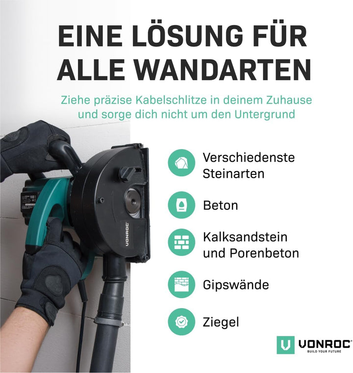 VONROC Mauernutfräse Schlitzfräse mit Absaughaube - Mauerfräse 1700W - Schlitzmaschine für 150mm Kab
