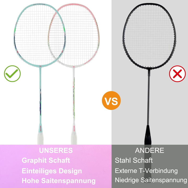 Badminton Set mit 2 Graphit Schläger - Kratzfestes Design - Federball Set für Erwachsene Incl. Feder