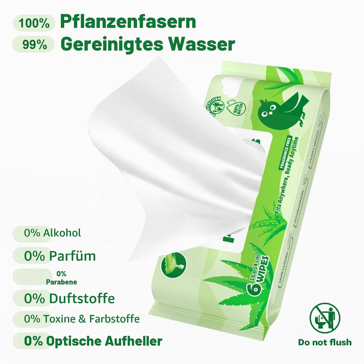 Feuchttücher Reisegrösse mit Aloe Vera – Mini, 99% Wasser, unparfümiert, sanft zur empfindlichen Hau