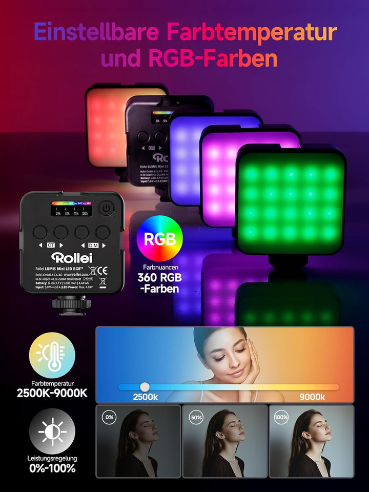 Rollei Lumis Mini RGB-Color LED-Dauerlicht, Videoleuchte mit 60 LED´s, 2500-9000K,6 W, 200 lux (0.5m