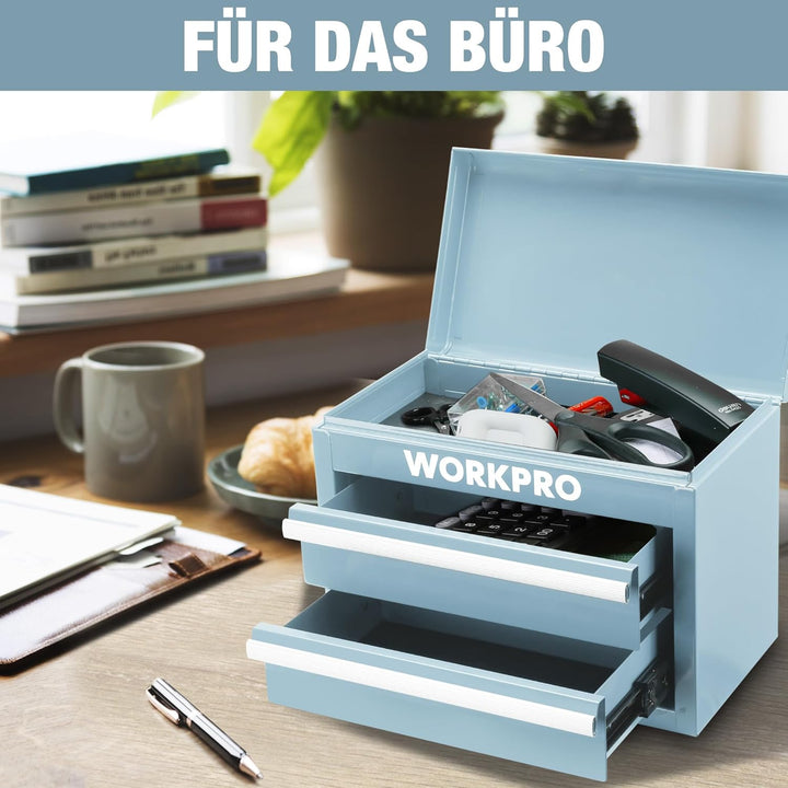 WORKPRO Metall Schubladenbox mit 2 Schubladen & Oberer Stauraum Hellblau, 27,5x15x20,8cm Tisch Organ