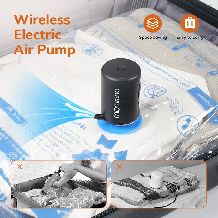 MONVANE Vakuumbeutel für Kleidung mit kabellose elektrischer Pumpe 12pcs(3L+3M+3S+3XS)+Pumpe