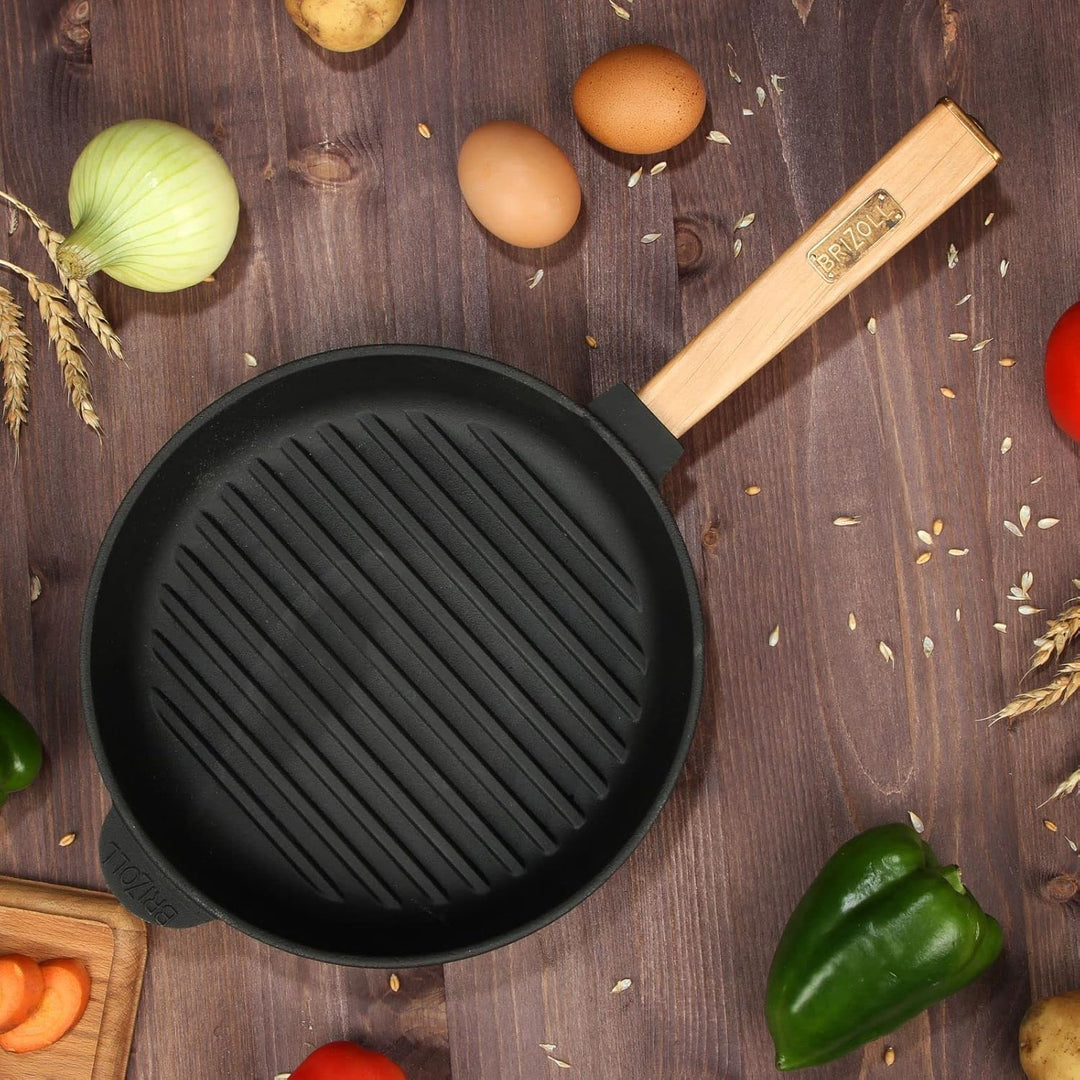 4BIG.fun Ø28cm Grillpfanne Gusseisen mit Pressdeckel Induktion Holzgriff Bratpfanne Pfanne Feuerpfan