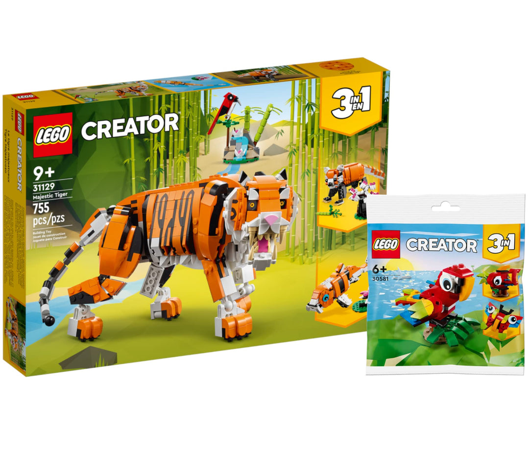 Lego Creator 3-in-1 Set: Majestätischer Tiger 31129 + Tropischer Papagei 30581(Polybag), für Kinder