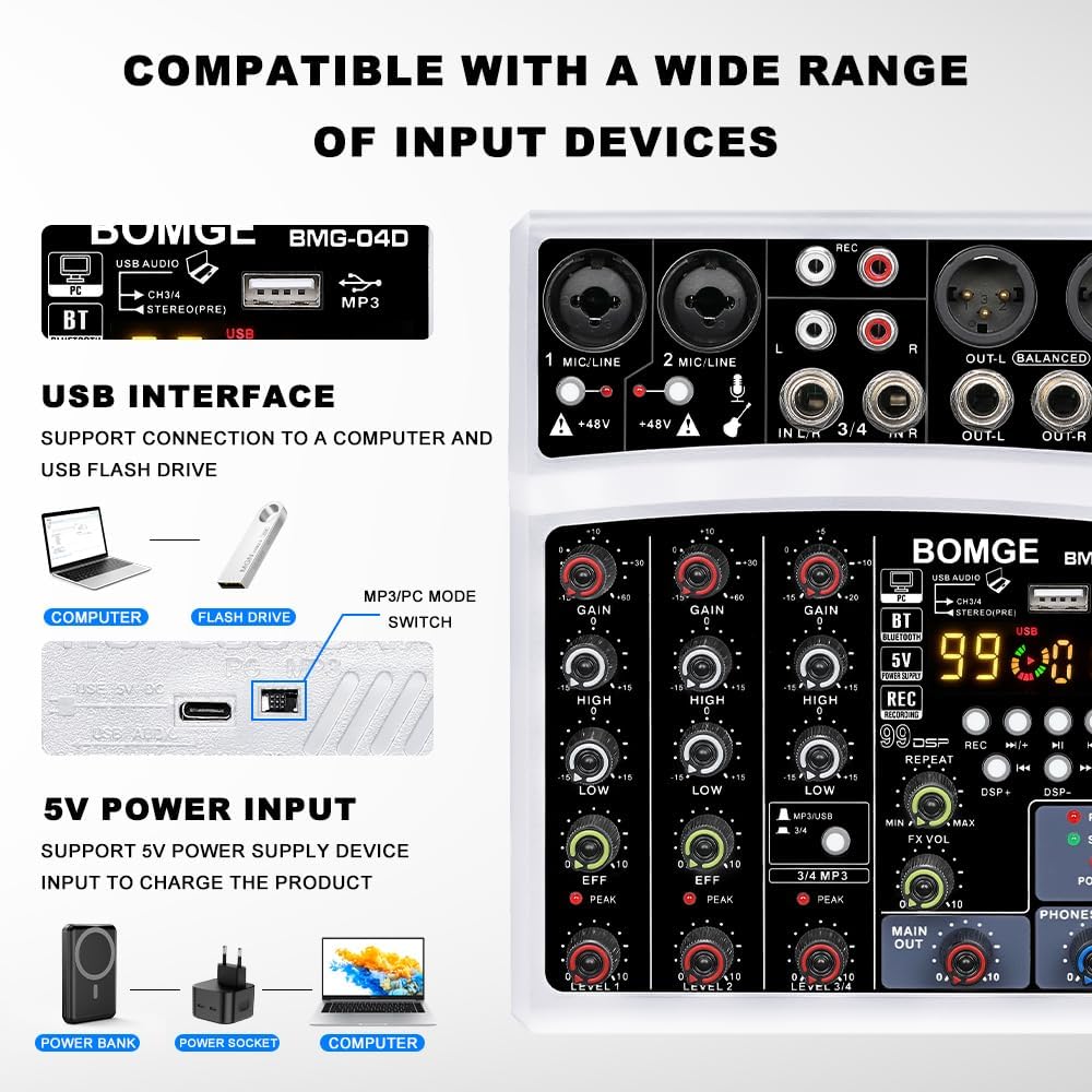BOMGE DJ-Audio-Mischpult, 4-Kanal, 16 DSP Echo, Sound-Schnittstelle, Mischkonsole, Karaoke, mit MP3,
