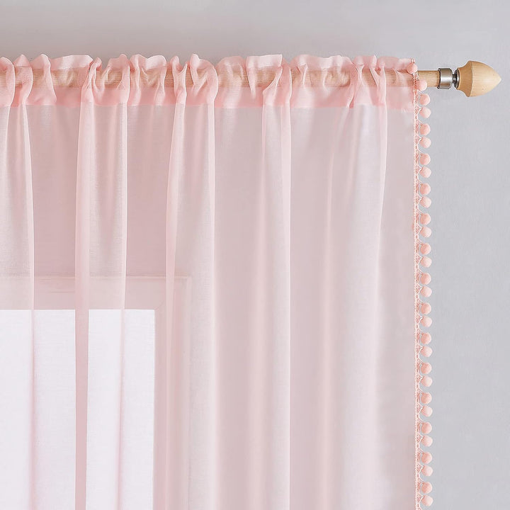 MIULEE Gardinen mit Pompons-Hübsche Korallenrosa Transparent Gardinen für Kinderzimmer Mädchen, 2 St