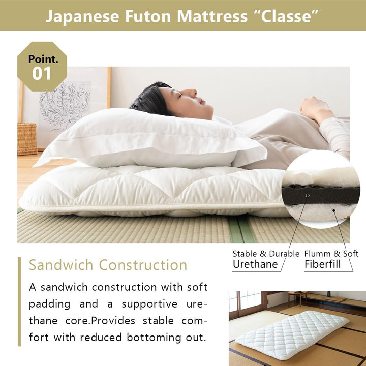 EMOOR Japanische Futon Matratze Premium CLASSE 100 x 200 cm und Faltbare Tatami Matte (Igusa Matratz