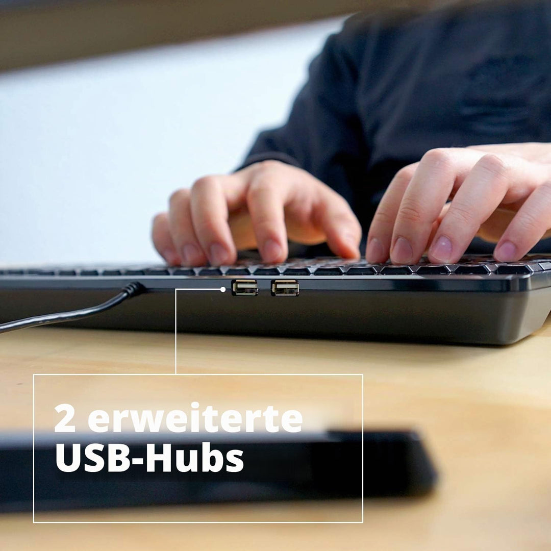 Perixx PERIBOARD-220H US-Tastatur, kabelgebunden, kompakte USB-Tastatur mit 2 Hubs, integriertes Zif