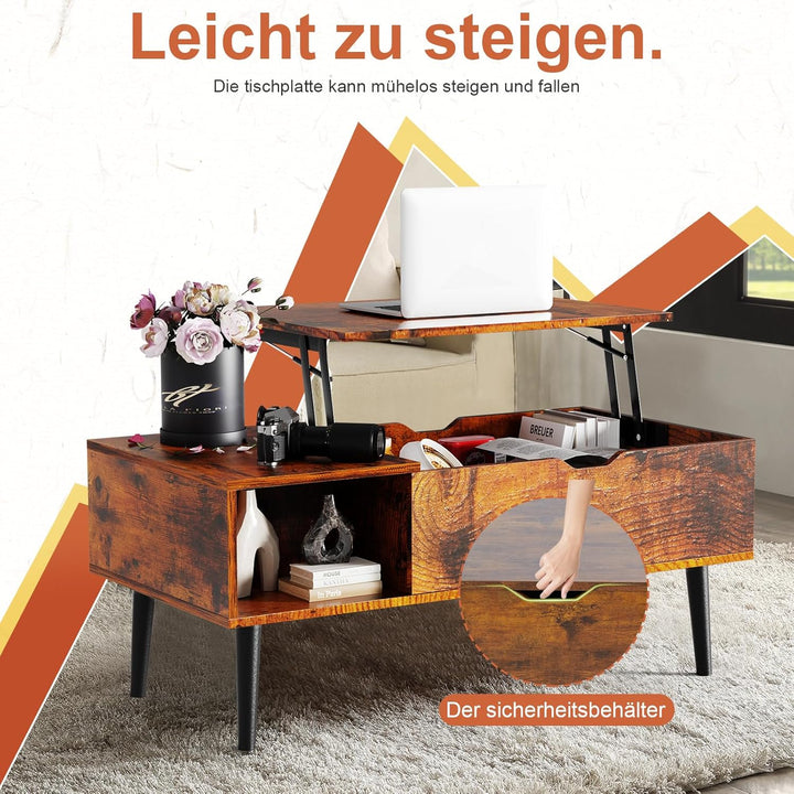 NEWBULIG Couchtisch mit Hebeplatte, mit verstecktem Fach, Kleiner Esstisch für Zuhause, Wohnzimmer,