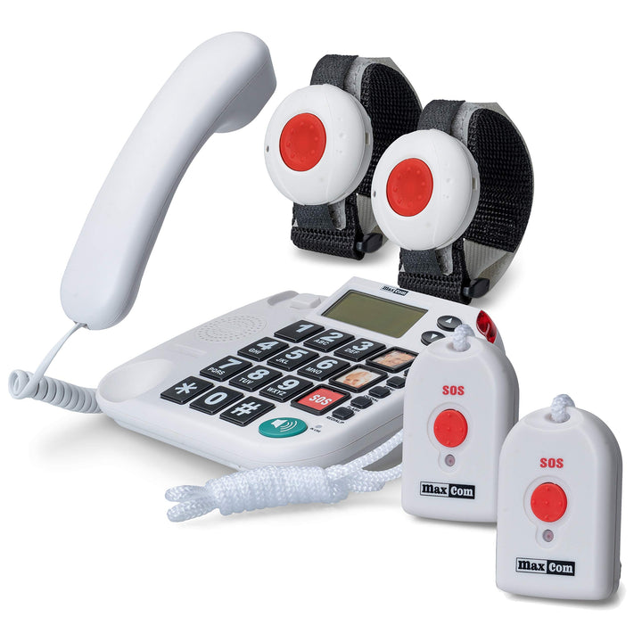 Maxcom KXTSOS: Seniorentelefon, schnurgebundenes Festnetztelefon mit 2 Armband- und 2 Umhängesender,