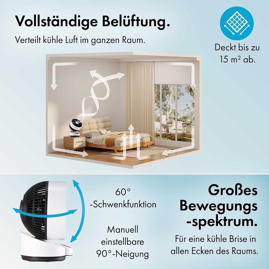 VonHaus Umluft Ventilator Leise – Tischventilator mit 3 Geschwindigkeitsstufen, 3 Modi, Fernbedienun