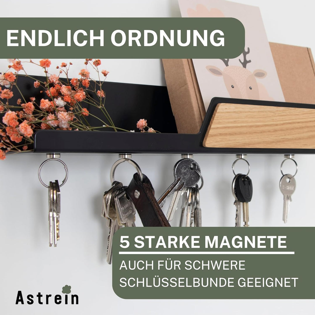 Astrein® | Schlüsselbrett Magnetisch | Schlüsselboard aus Holz | Eiche | Schlüsselhalter mit Ablage