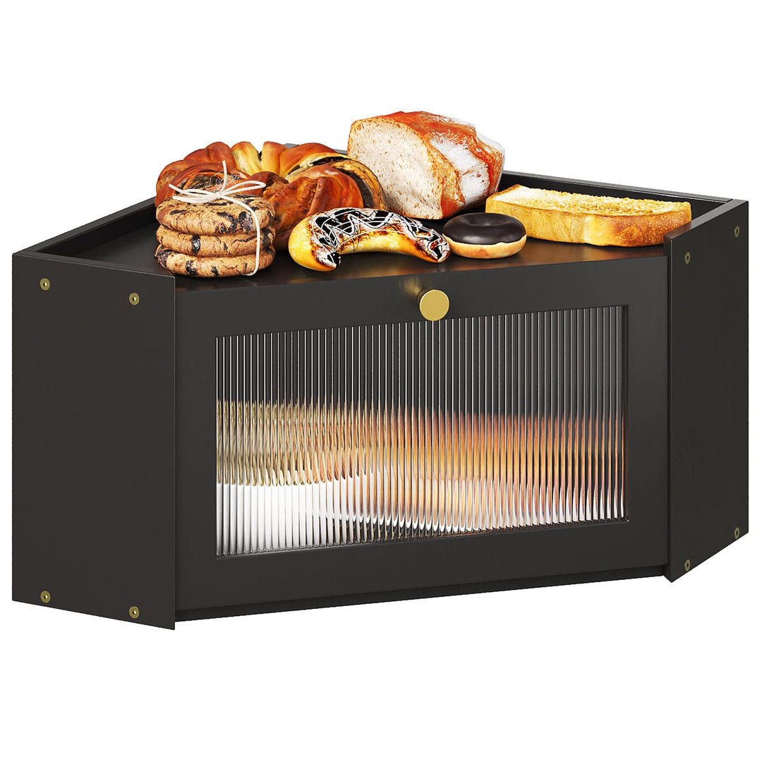 VEDECASA Eck-Brotkasten für Küche Bambus Brotkasten mit Transparenter Acryl-Tür Schwarz Brotkorb für