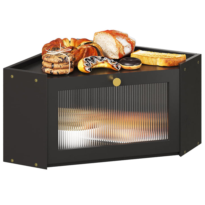 VEDECASA Eck-Brotkasten für Küche Bambus Brotkasten mit Transparenter Acryl-Tür Schwarz Brotkorb für
