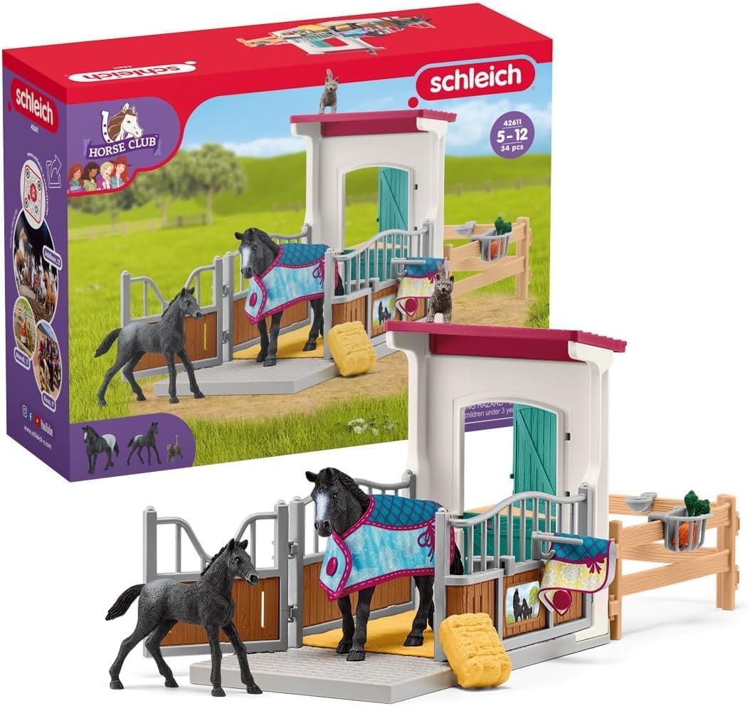 SCHLEICH 42611 Horse Club Pferdebox mit Stute und Fohlen &amp; 42612 Hindernisse Zubehör, für Kinder ab