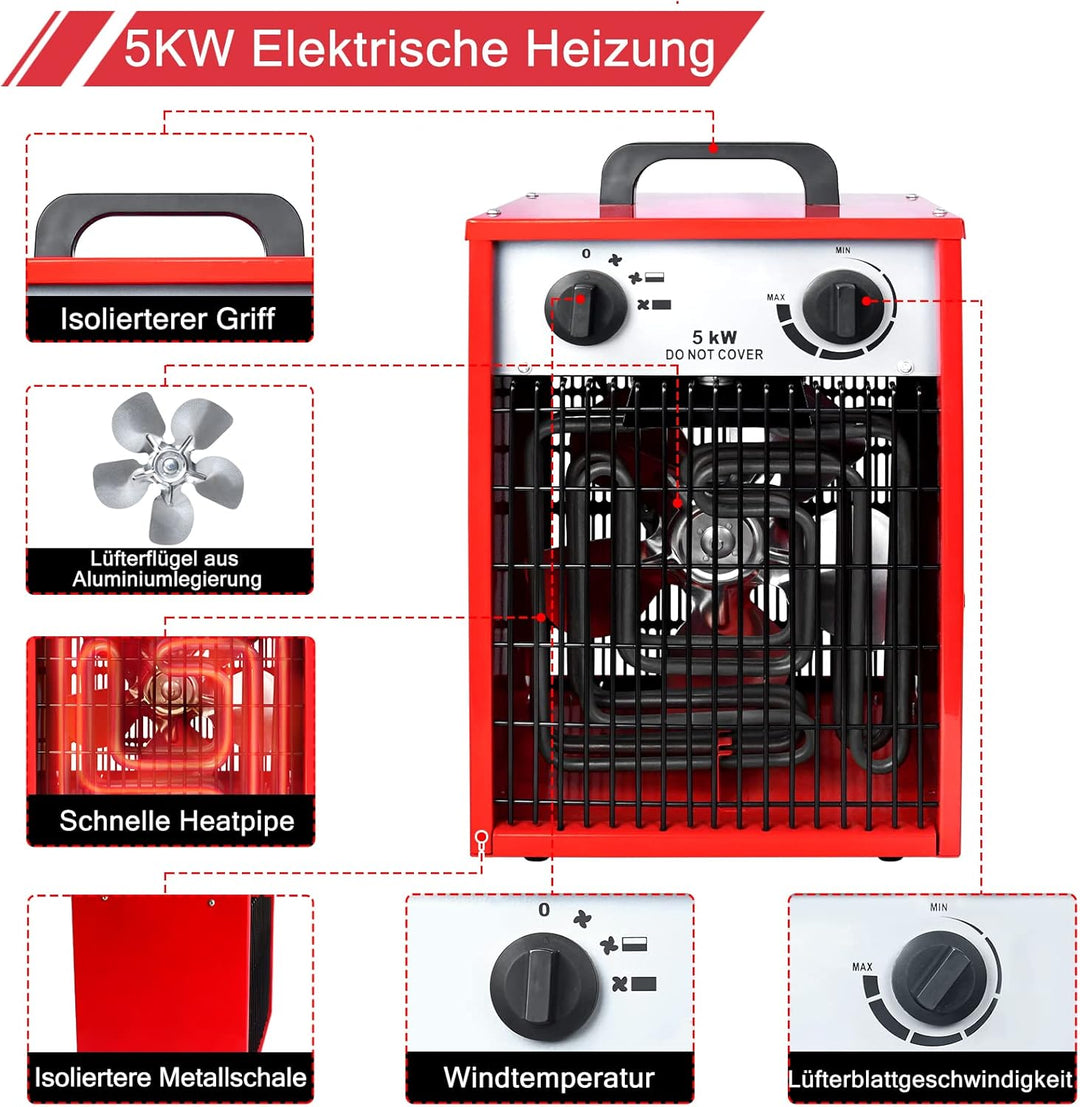 XMTECH Heizlüfter Elektroheizung 5kW 400V - Bauheizer Elektroheizer Heizstrahler Heizgeraet Heizgebl