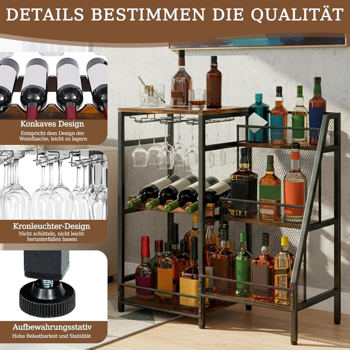 3-Tier Abgestufte Liquor Cabinet Mini Bar, Freistehendes Weinregal mit Geländer und Glashalter, Meta