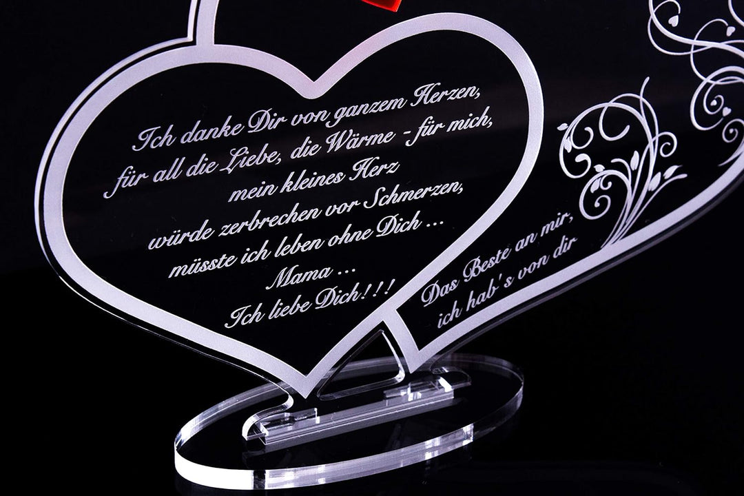 Acryl Schild in Doppelherz Form Liebe Mama, Perfekt zu Muttertag oder Weihnachten, mit Lasergravur,