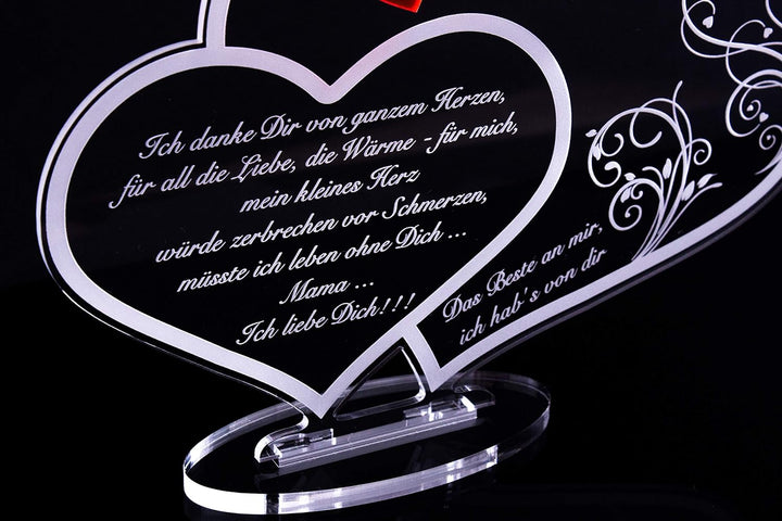 Acryl Schild in Doppelherz Form Liebe Mama, Perfekt zu Muttertag oder Weihnachten, mit Lasergravur,