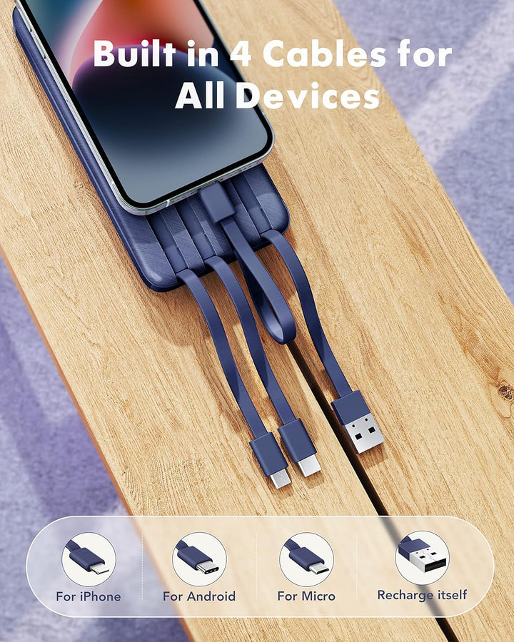 Charmast Externer Akku, 10.000 mAh, mit 4 integrierten Kabeln, tragbarer Akku, USB C, dünn, Power Ba