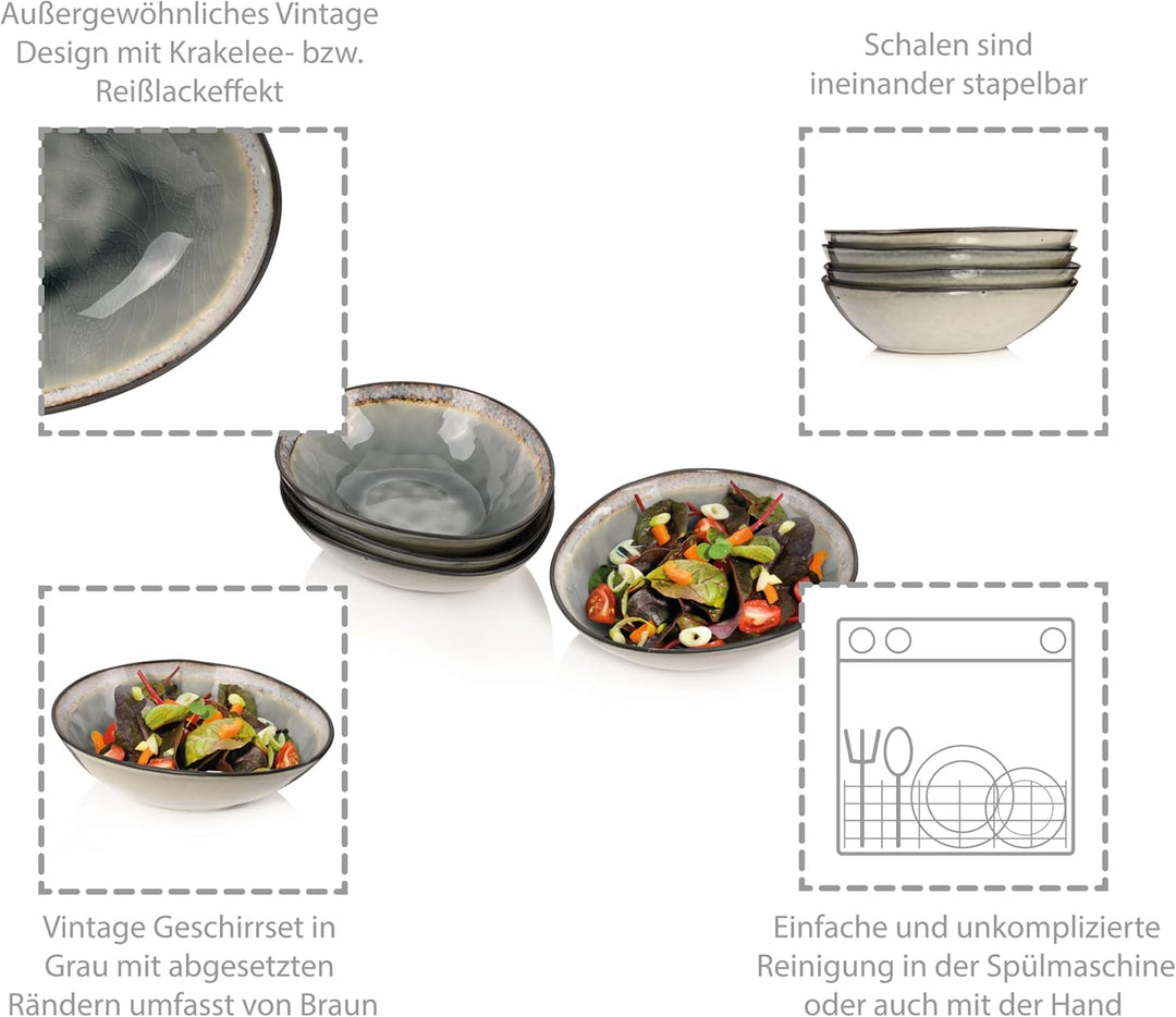SÄNGER | Salatschale Capri Grau 4 tlg, Salatteller 4 Personen, Steingut Geschirr Set für Salat, Tief