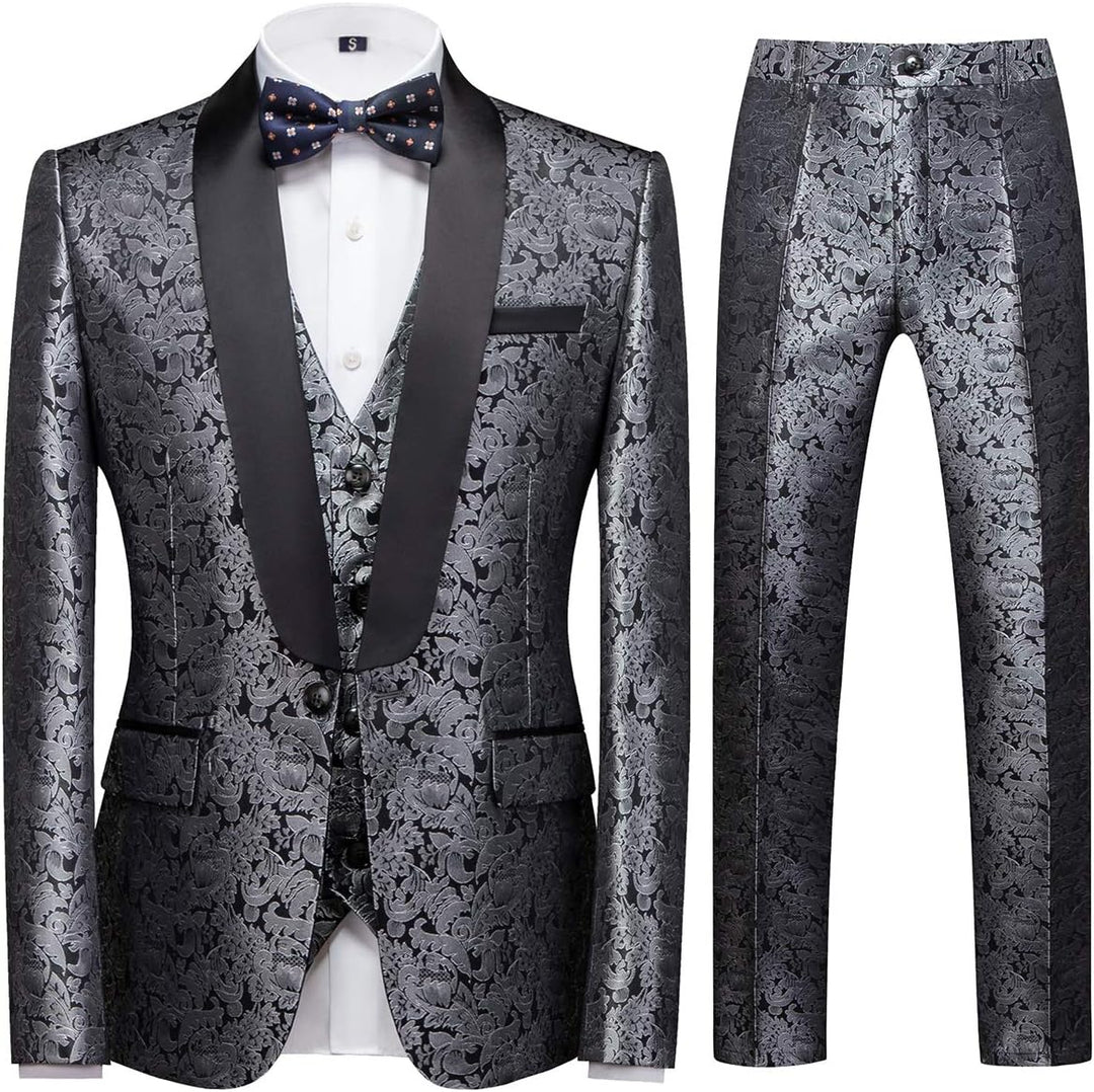 Sliktaa Anzug Herren 3-Teillig mit Schalkragen Muster Hochzeit Formell Business Smoking Jacke Weste