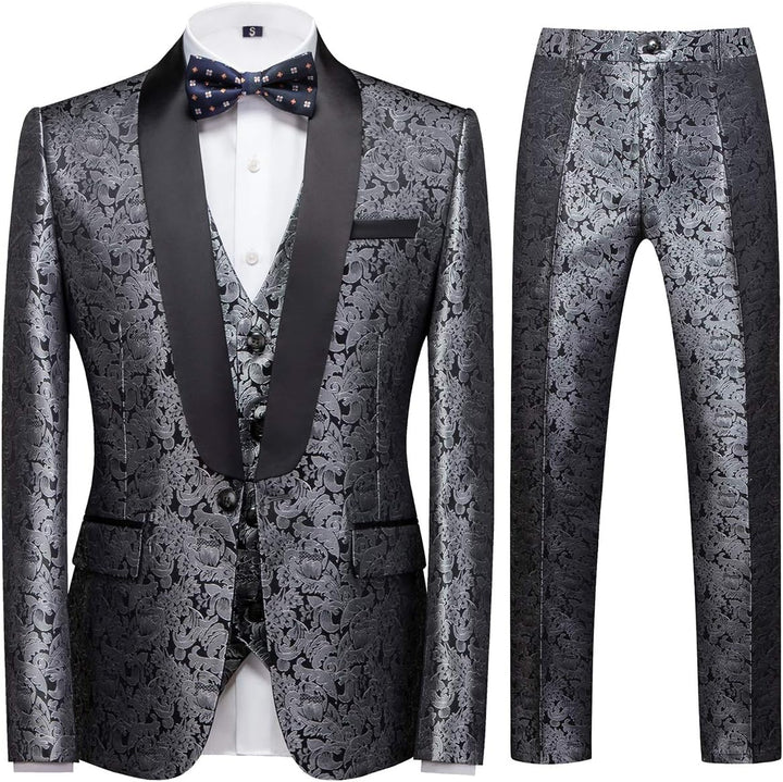 Sliktaa Anzug Herren 3-Teillig mit Schalkragen Muster Hochzeit Formell Business Smoking Jacke Weste