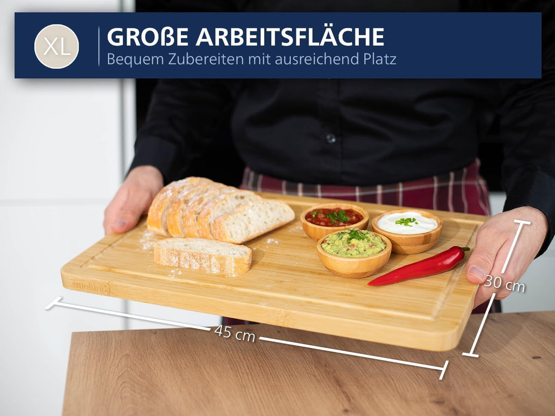 Molunda Schneidebrett Holz - Antiseptisches Hochwertiges Bambus Küchenbrett, Gross mit Griffen und S