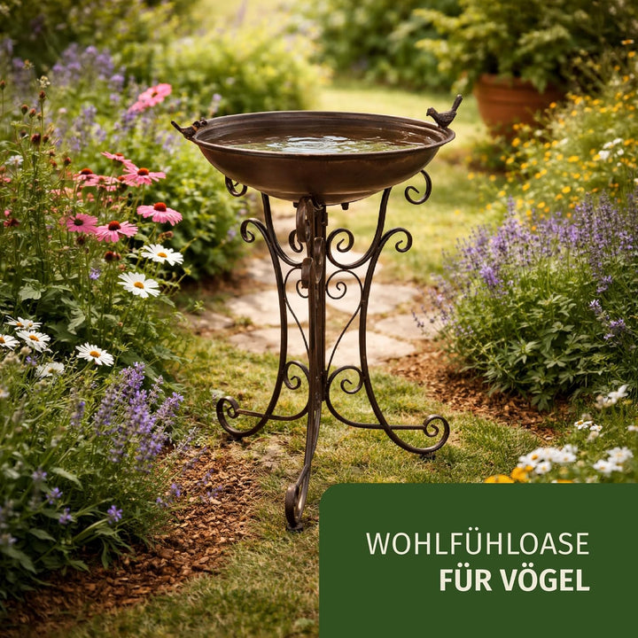 Moritz Vogeltränke XL Vogelbad braun mit kleinem Vogel auf der Wasserschale Höhe 72cm stehend Vogelb