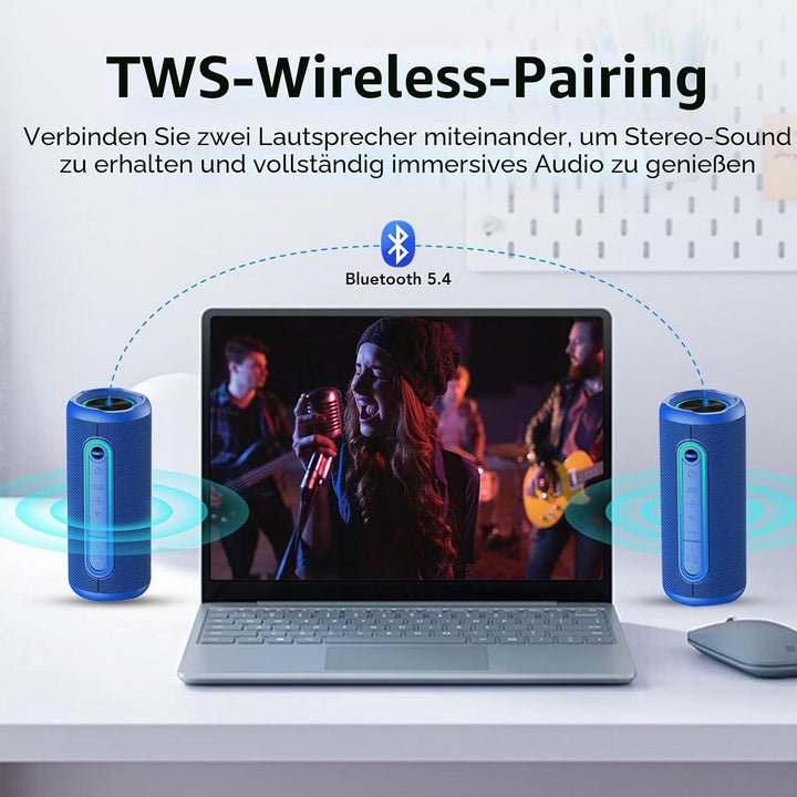 TIMU Bluetooth Lautsprecher mit Licht, Bluetooth 5.4 Musikbox, 30W Dual Lautsprecher, Dualen Bass-Tr
