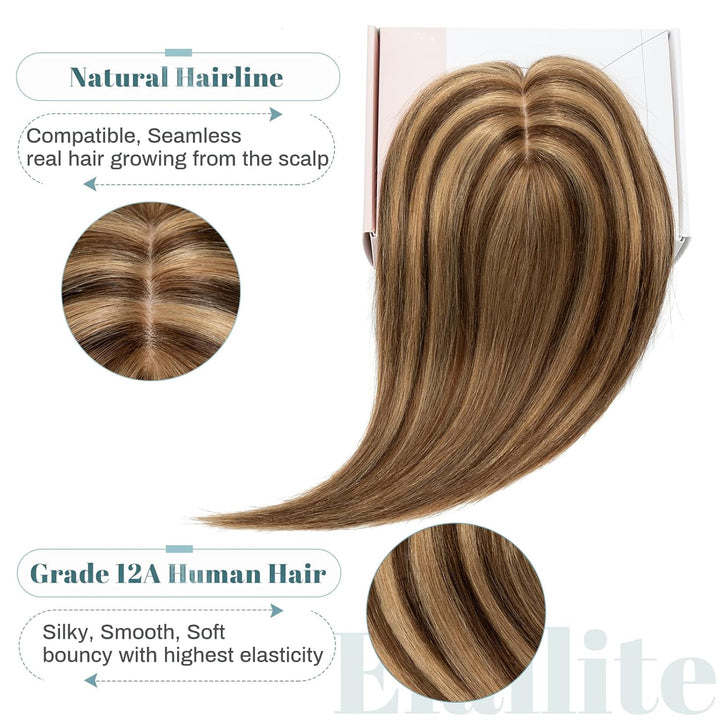Elailite Echthaar Topper, Clip in Toupet, Frauen Seide Basis Clip in Haarteil, 130% Dichte Remy Silk
