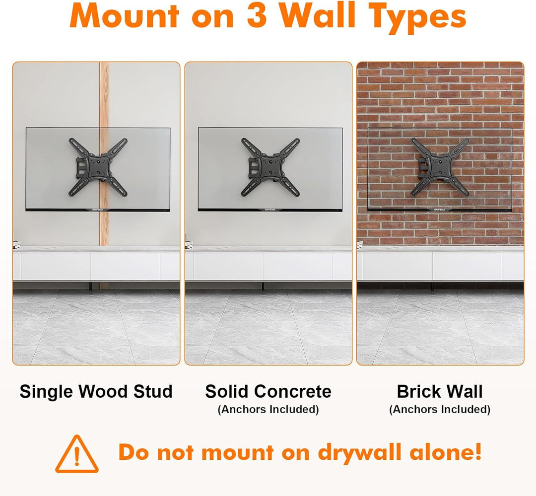 GRIFEMA GB1010 TV Wandhalterung – Schwenkbare Neigbare TV Halterung für 26–65 Zoll Flach & Curved Fe