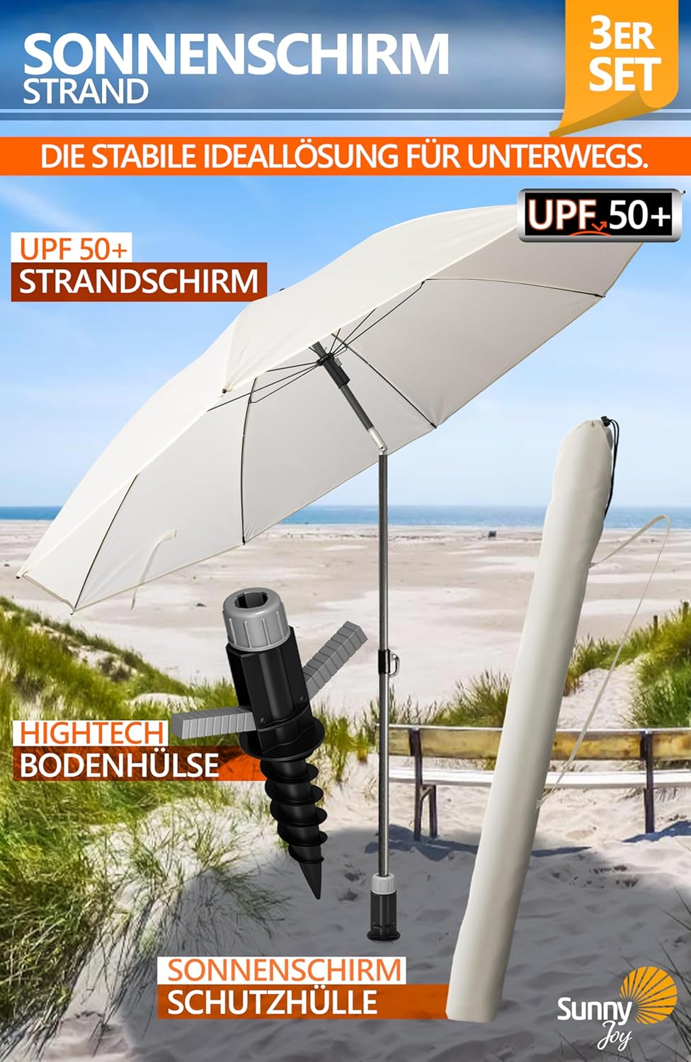 4smile Sonnenschirm Strand SunnyJoy Ø 180 cm, 3er Set - Strandschirm mit UV Schutz 50+, inkl. Sonnen