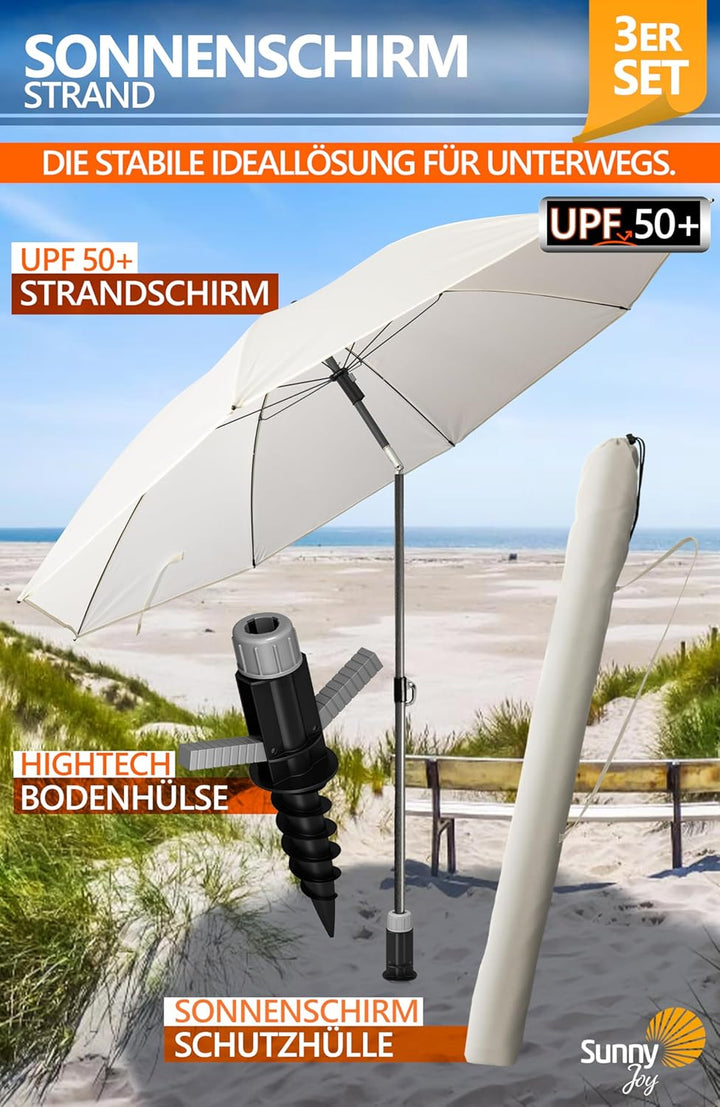 4smile Sonnenschirm Strand SunnyJoy Ø 180 cm, 3er Set - Strandschirm mit UV Schutz 50+, inkl. Sonnen