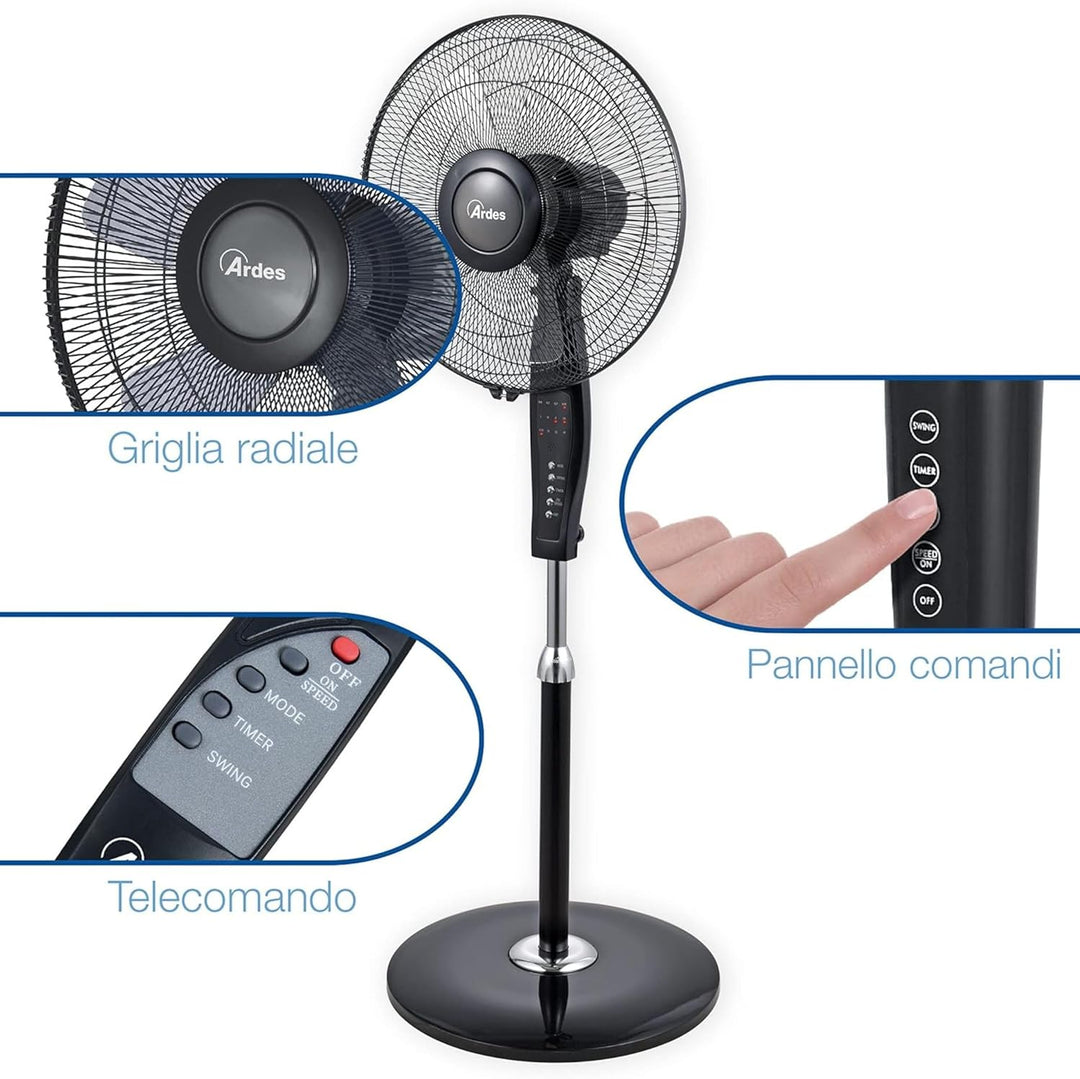 ARDES - AR5S40PBR Standventilator, mit Fernbedienung und Timer, leise und leistungsstark, 5 Flügel,