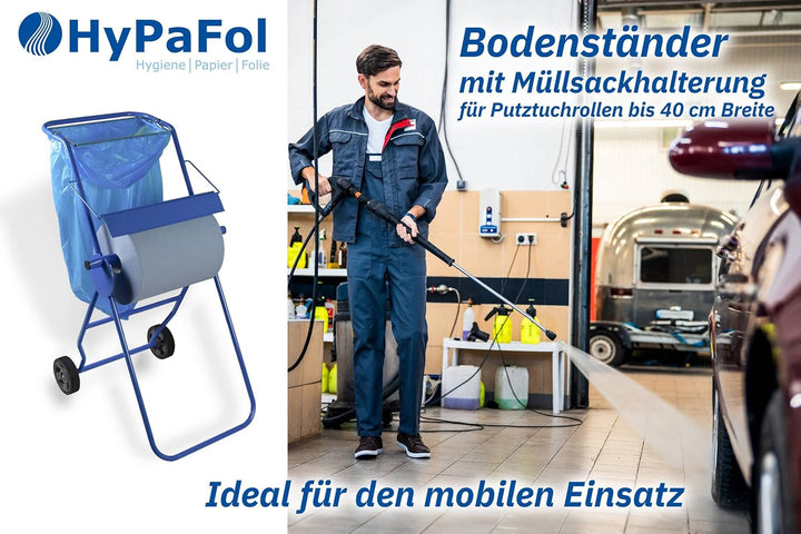 Bodenständer mit Müllsackhalterung für Putztuchrollen | für Industrierolle bis 40 cm Breite | Fahrba