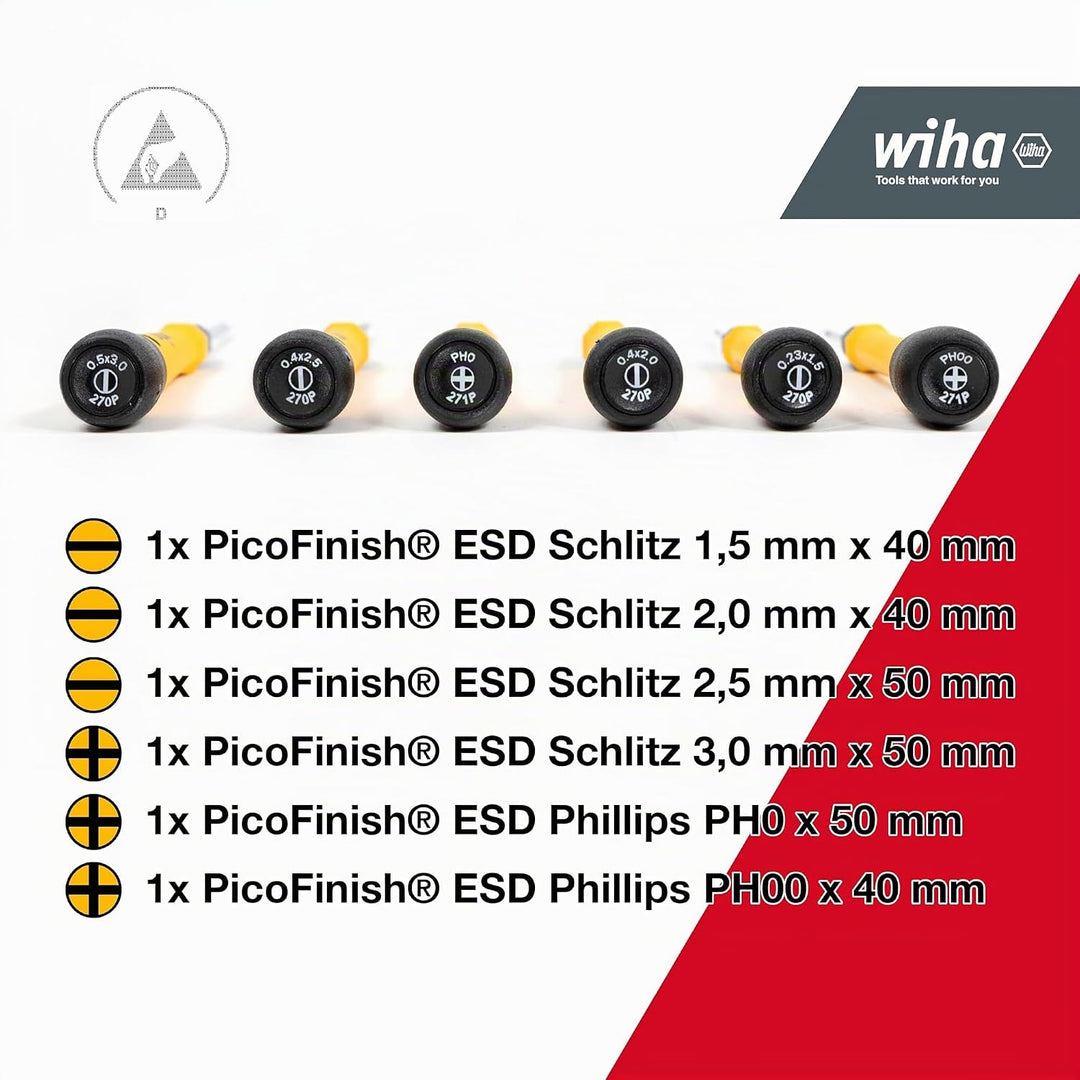 Wiha Feinschraubendreher Set 7-tlg. PicoFinish® ESD I inkl. Halter zum Aufhängen oder Stellen I Schl