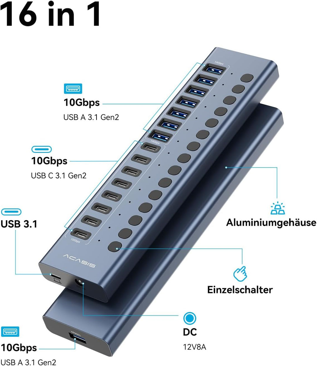 ACASIS USB-3.2-Hub mit 16 Anschlüssen (8 USB-A 3.2-Anschlüsse + 8 USB-C-3.2-Anschlüsse), Aluminium-U