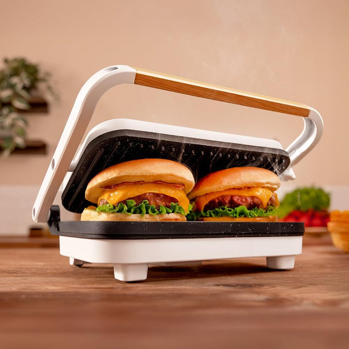 Cecotec Elektrischer Grill Rock'Ngrill 1300 Wood W. Leistung von 1300W, weisses Design, Rockstone-Be