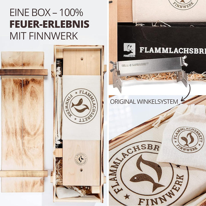 FINNWERK Flammlachsbrett Geschenkset - Lachsbretter mit Halterung aus Edelstahl und patentiertem Win